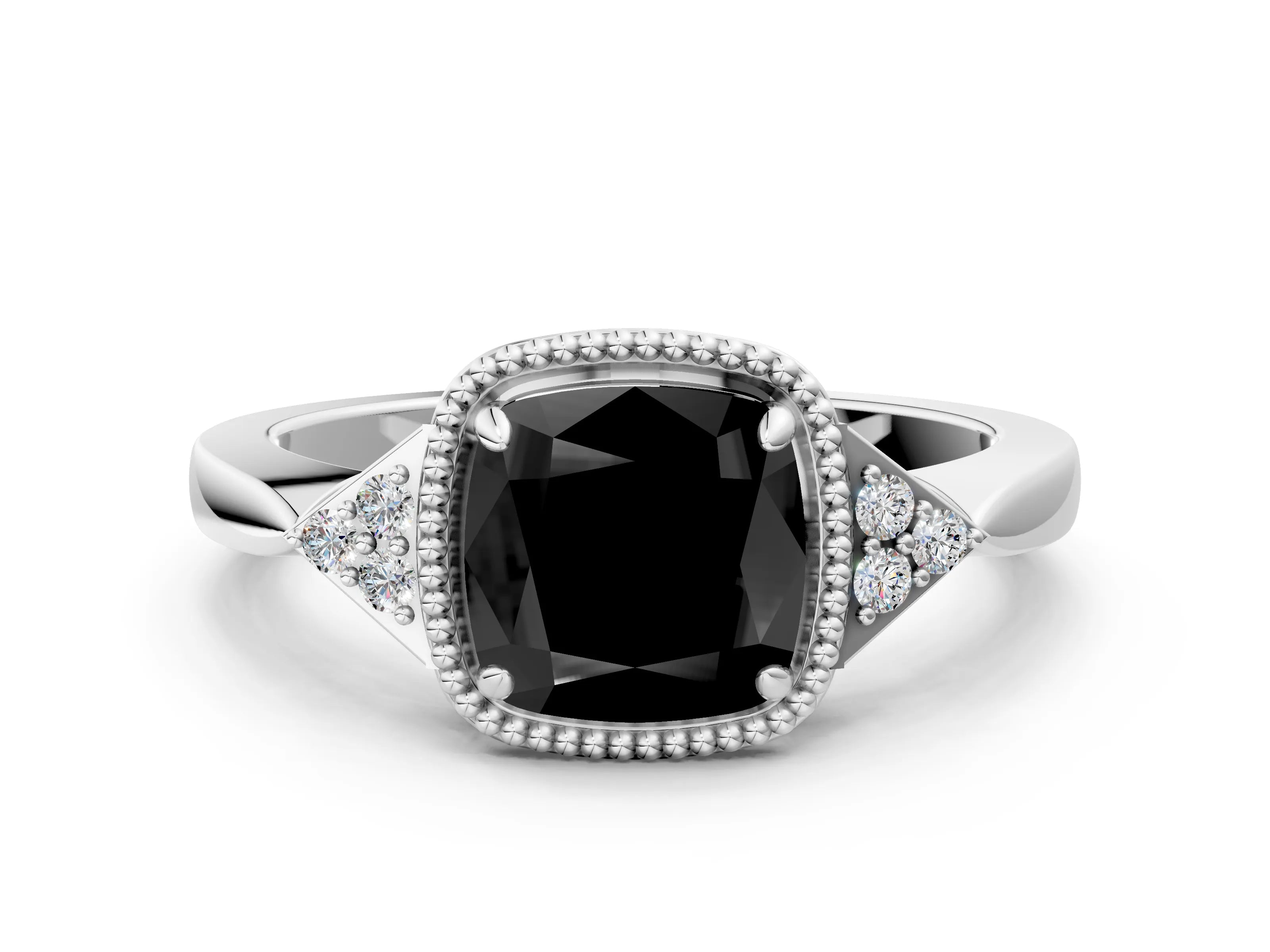 White gold Hexagonal Halo Fancy Black Cushion Cut Diamond Solitaire with Pavé Band and Four-Prong Setting_15