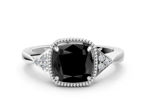 White gold Hexagonal Halo Fancy Black Cushion Cut Diamond Solitaire with Pavé Band and Four-Prong Setting_15