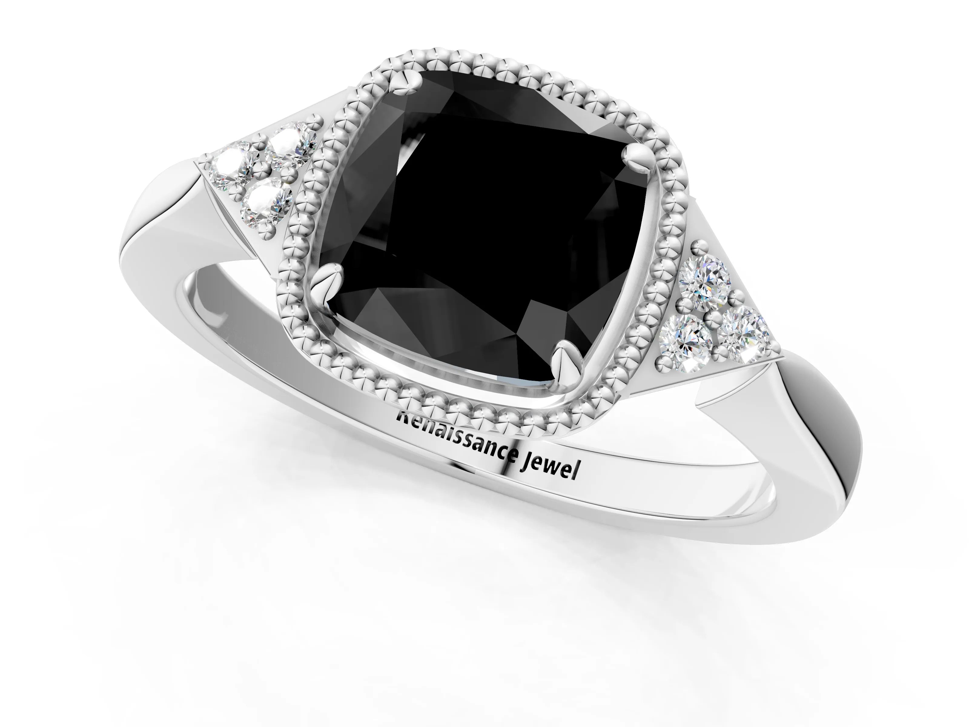 White gold Hexagonal Halo Fancy Black Cushion Cut Diamond Solitaire with Pavé Band and Four-Prong Setting_16
