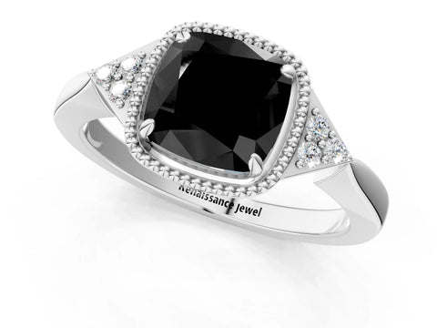 White gold Hexagonal Halo Fancy Black Cushion Cut Diamond Solitaire with Pavé Band and Four-Prong Setting_16