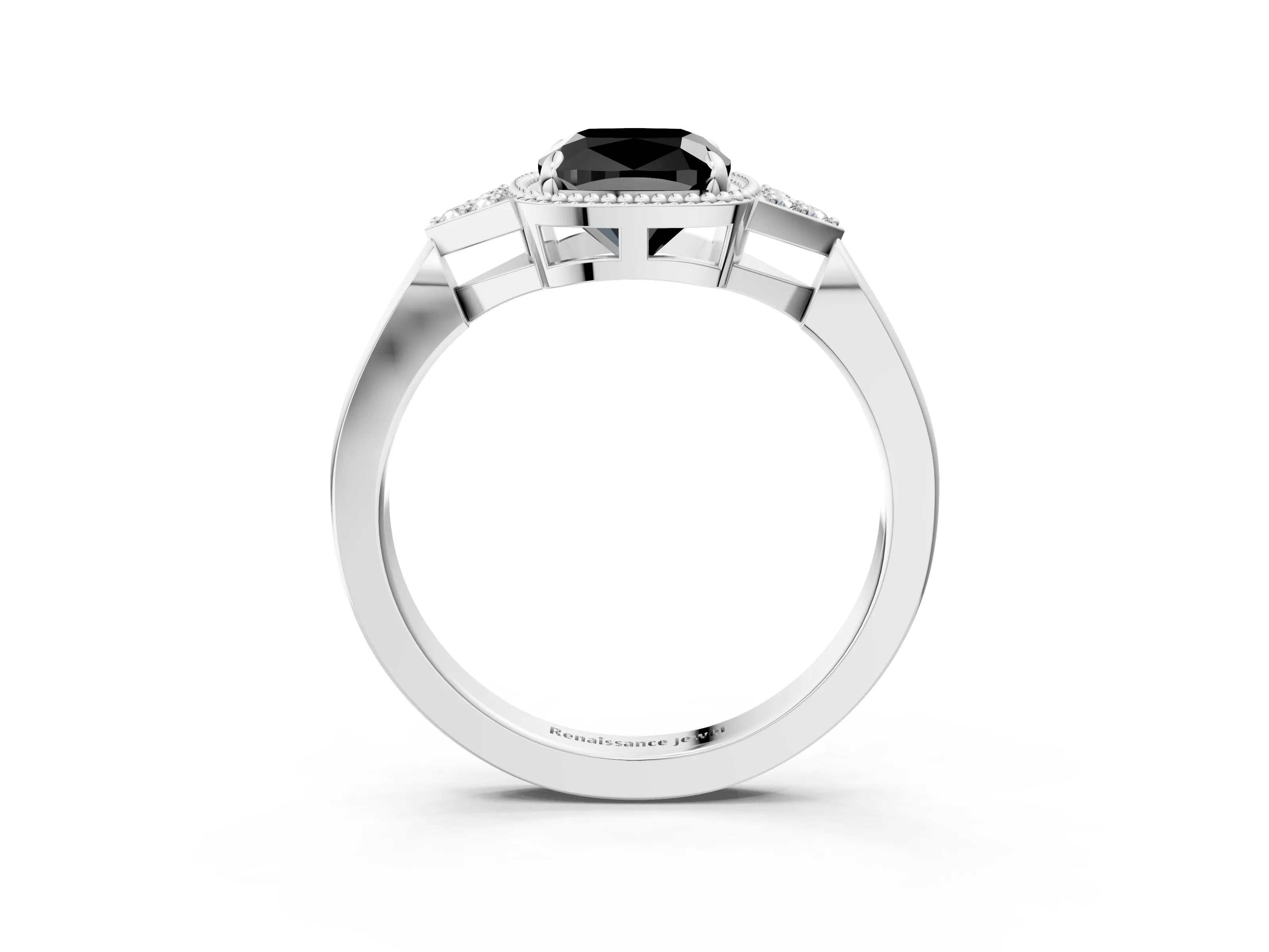 White gold Hexagonal Halo Fancy Black Cushion Cut Diamond Solitaire with Pavé Band and Four-Prong Setting_18