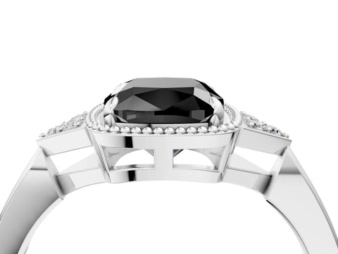 White gold Hexagonal Halo Fancy Black Cushion Cut Diamond Solitaire with Pavé Band and Four-Prong Setting_19