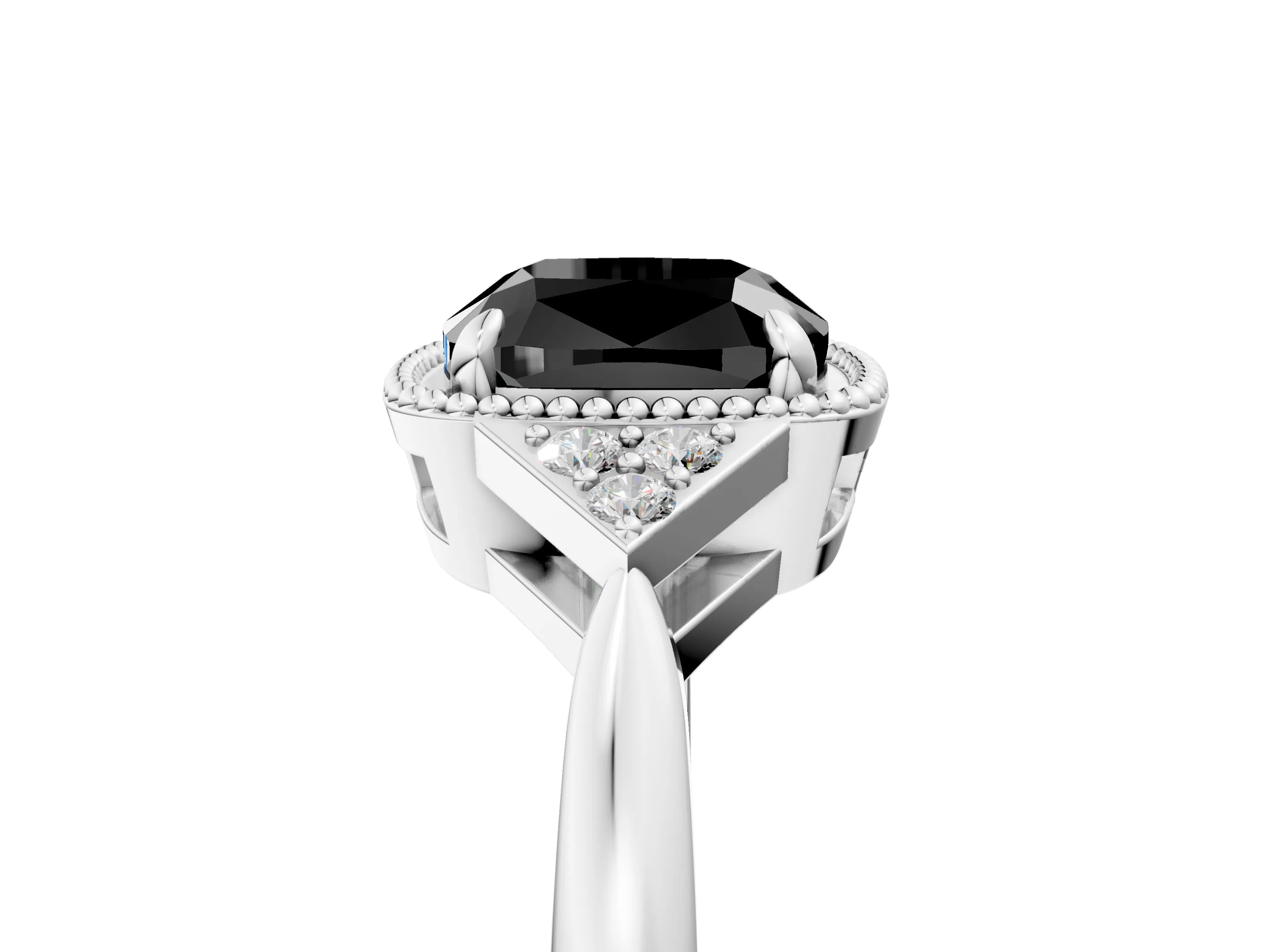 White gold Hexagonal Halo Fancy Black Cushion Cut Diamond Solitaire with Pavé Band and Four-Prong Setting_20