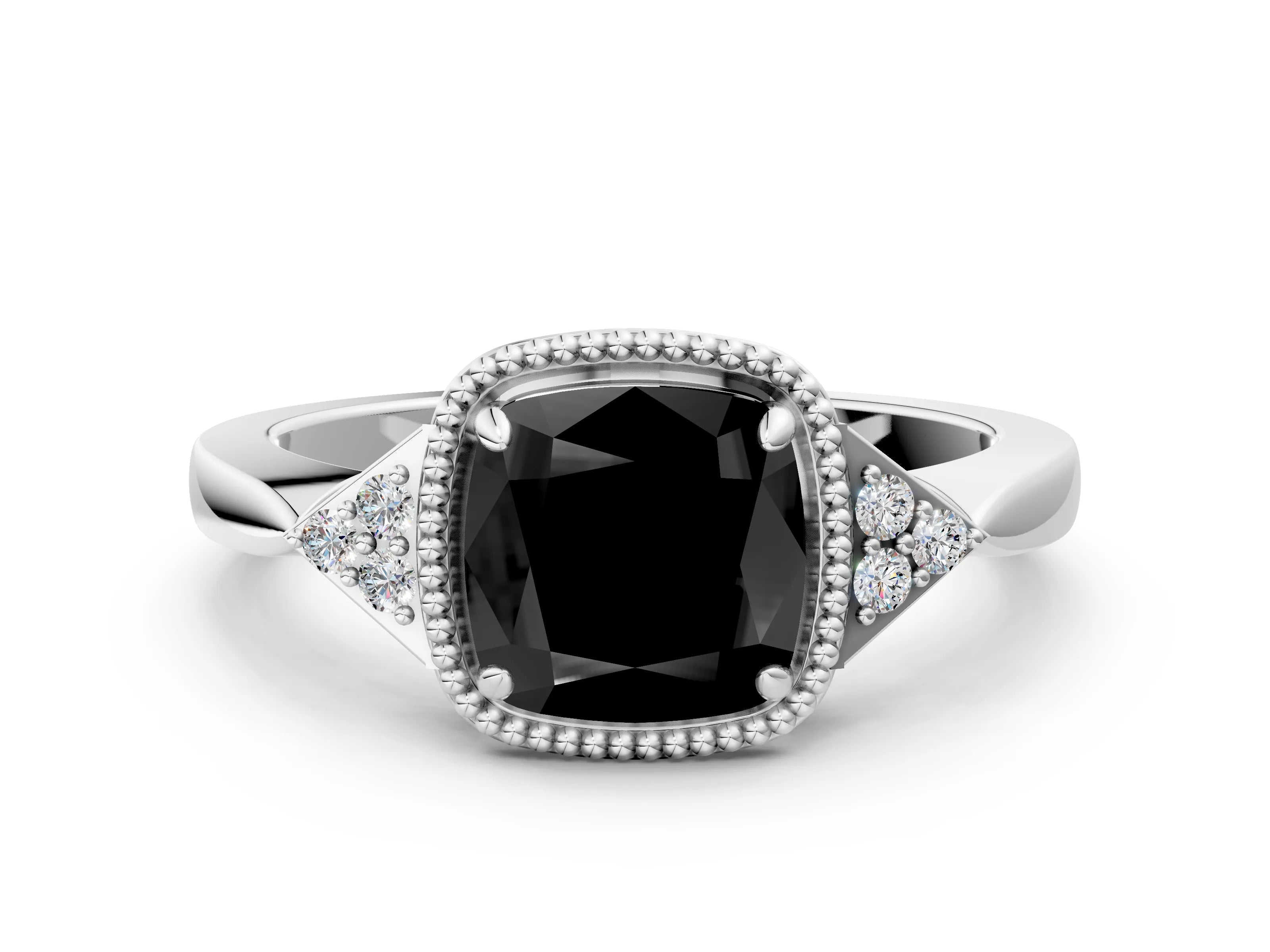 White gold Hexagonal Halo Fancy Black Cushion Cut Diamond Solitaire with Pavé Band and Four-Prong Setting_21