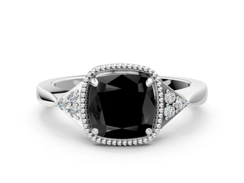 White gold Hexagonal Halo Fancy Black Cushion Cut Diamond Solitaire with Pavé Band and Four-Prong Setting_21