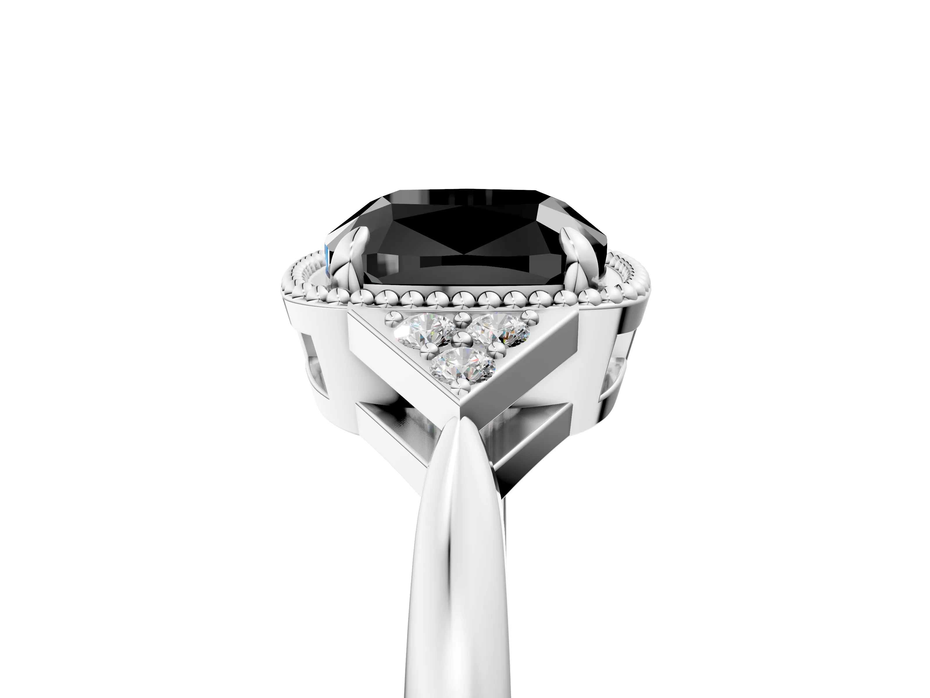 White gold Hexagonal Halo Fancy Black Cushion Cut Diamond Solitaire with Pavé Band and Four-Prong Setting_26