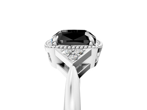 White gold Hexagonal Halo Fancy Black Cushion Cut Diamond Solitaire with Pavé Band and Four-Prong Setting_26