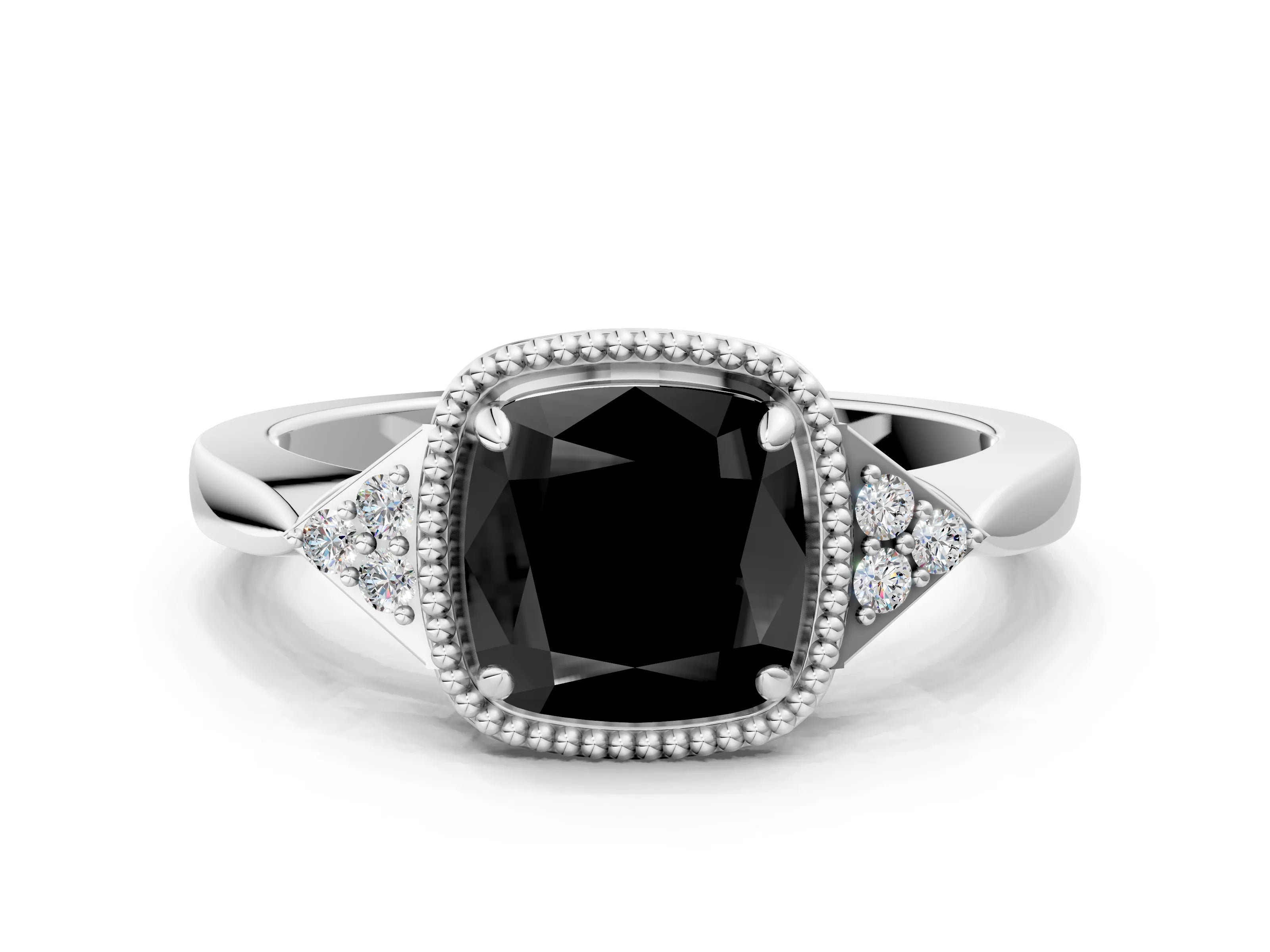 White gold Hexagonal Halo Fancy Black Cushion Cut Diamond Solitaire with Pavé Band and Four-Prong Setting_3