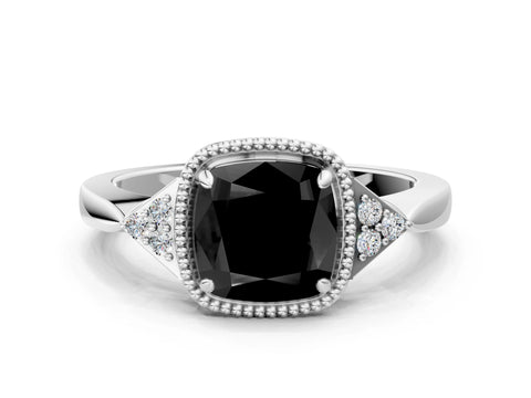 White gold Hexagonal Halo Fancy Black Cushion Cut Diamond Solitaire with Pavé Band and Four-Prong Setting_3