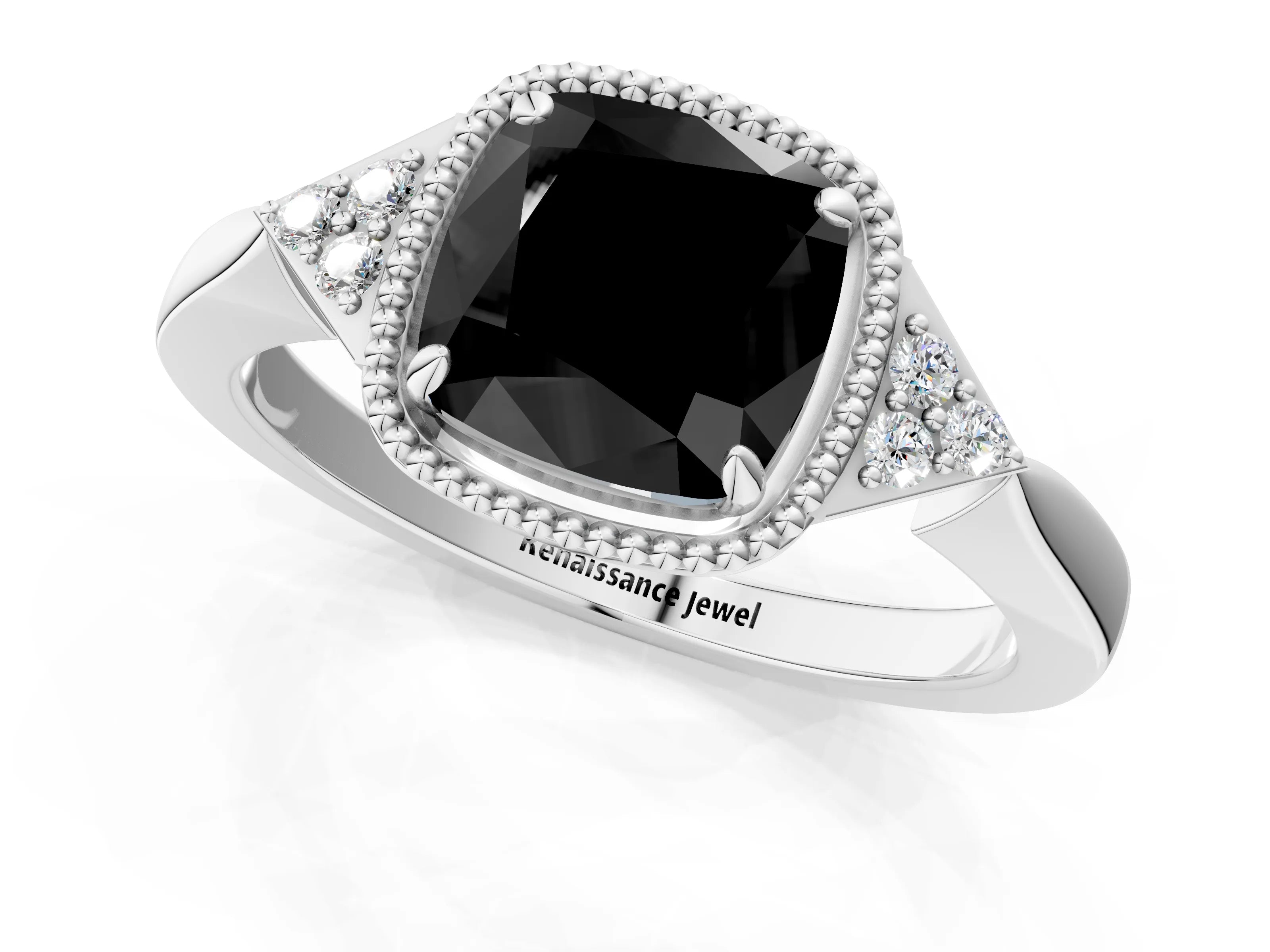 White gold Hexagonal Halo Fancy Black Cushion Cut Diamond Solitaire with Pavé Band and Four-Prong Setting_4
