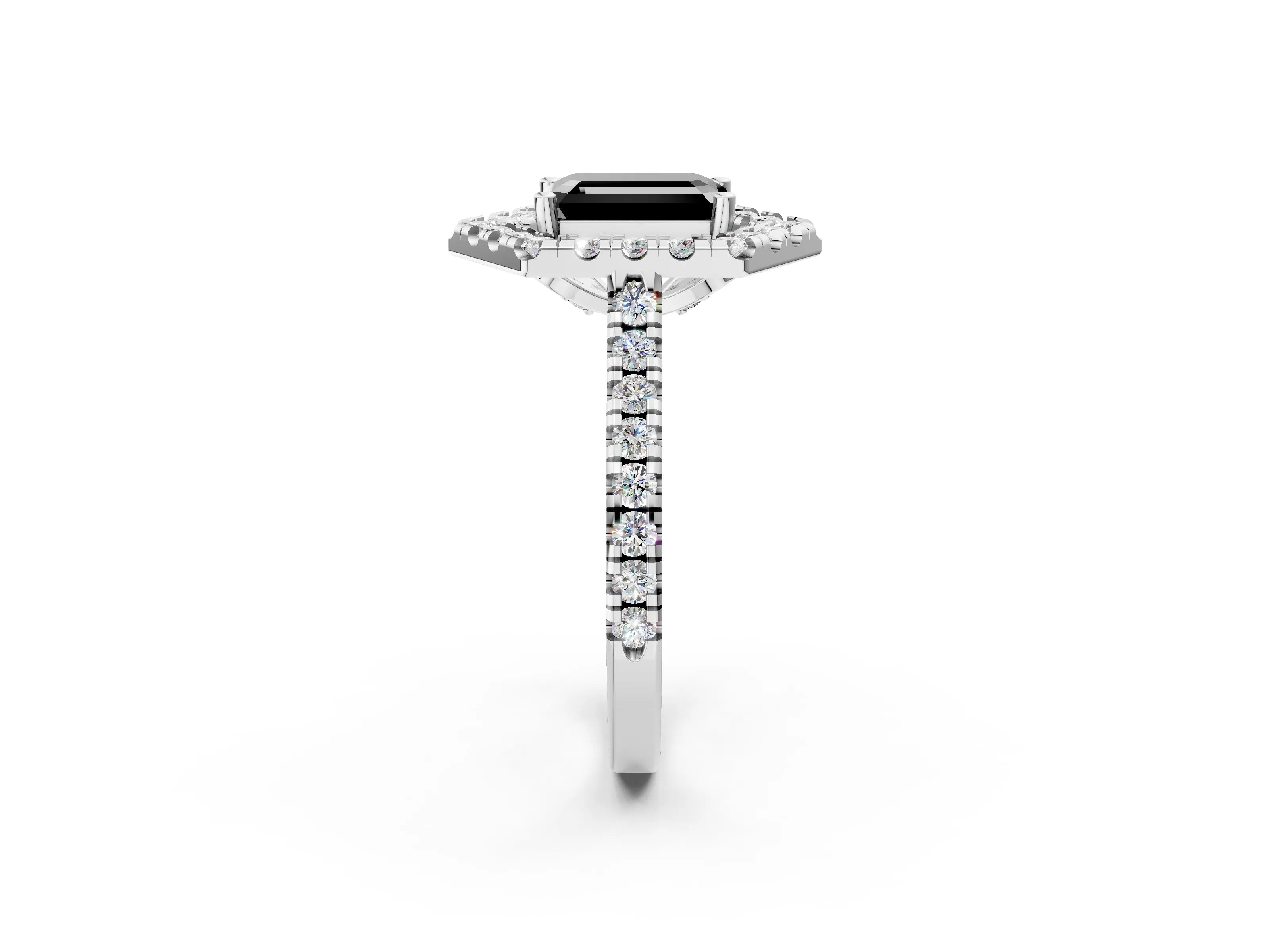 White gold Hexagonal Halo Fancy Black Emerald Cut Diamond Pavé Band with Four-Prong Setting_2
