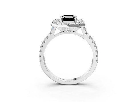 White gold Hexagonal Halo Fancy Black Emerald Cut Diamond Pavé Band with Four-Prong Setting_3