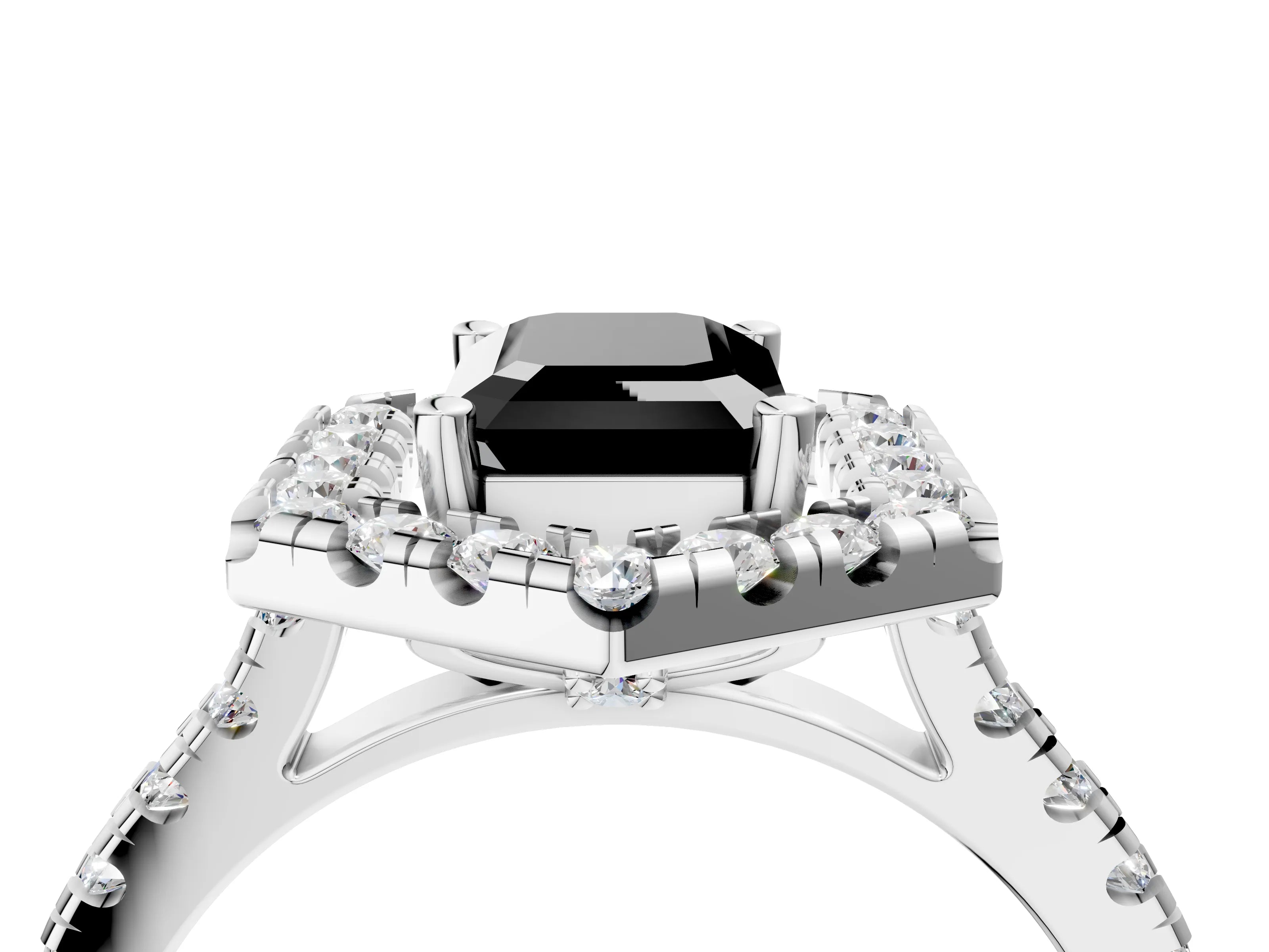 White gold Hexagonal Halo Fancy Black Emerald Cut Diamond Pavé Band with Four-Prong Setting_4