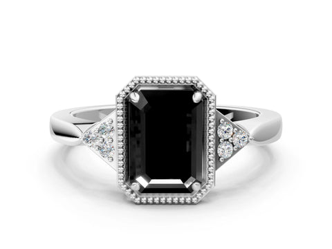 White gold Hexagonal Halo Fancy Black Emerald Cut Diamond Solitaire with Pavé Band and Four-Prong Setting_15