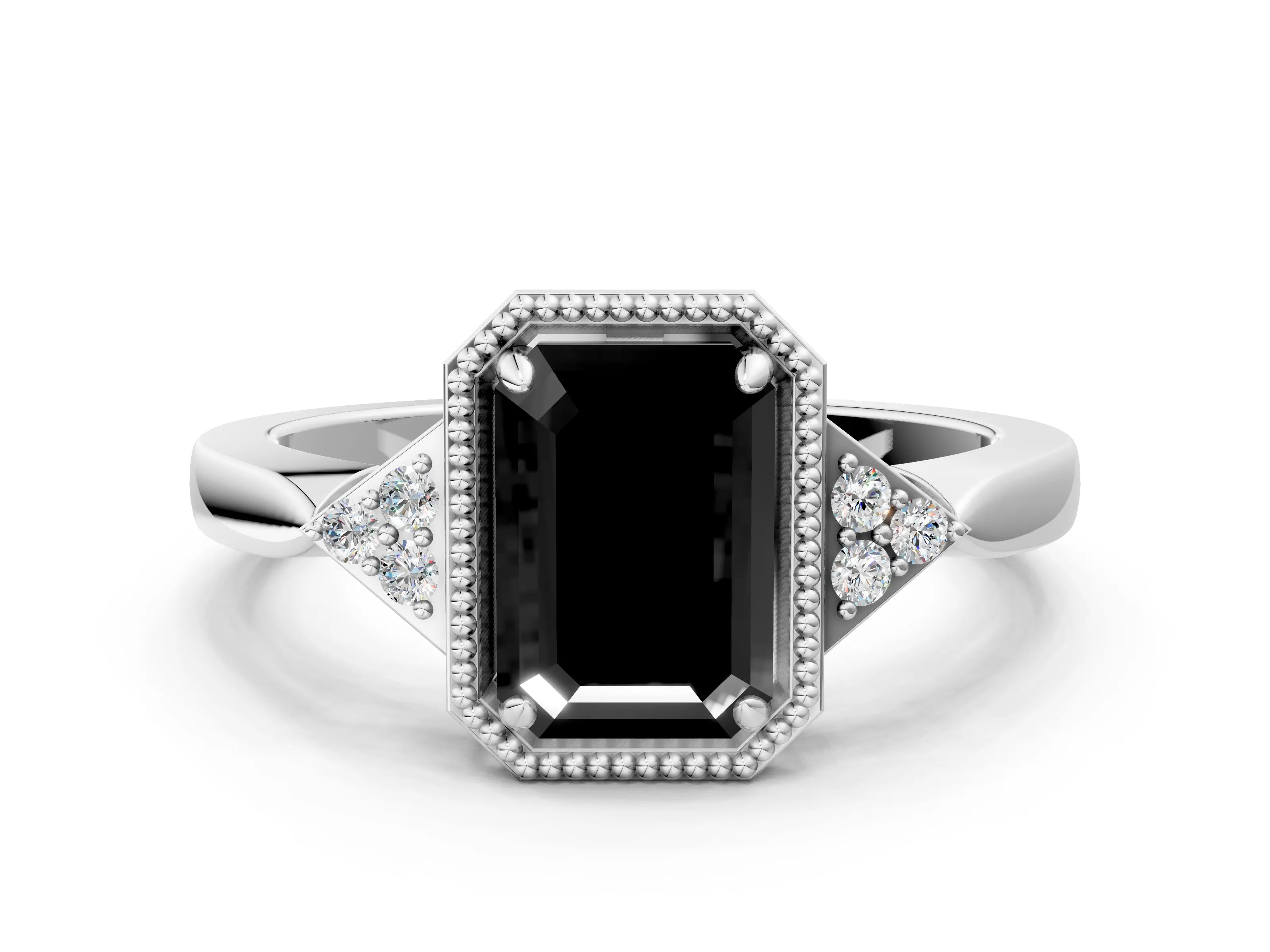White gold Hexagonal Halo Fancy Black Emerald Cut Diamond Solitaire with Pavé Band and Four-Prong Setting_15