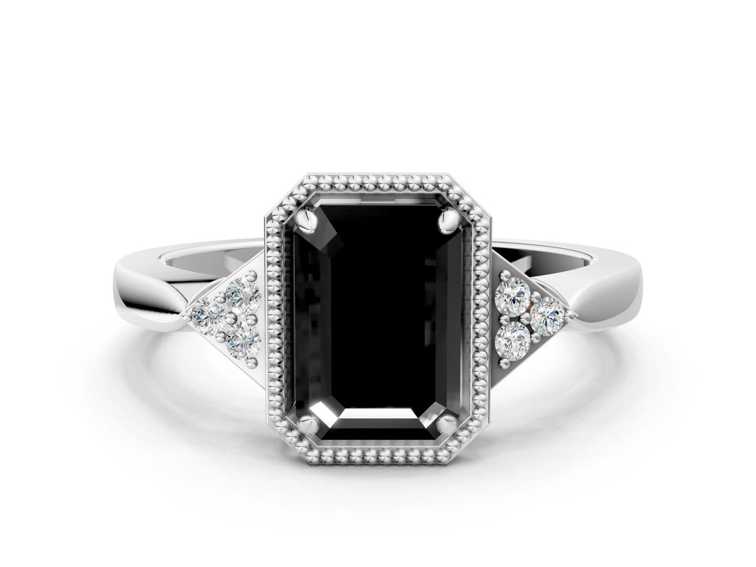 White gold Hexagonal Halo Fancy Black Emerald Cut Diamond Solitaire with Pavé Band and Four-Prong Setting_15