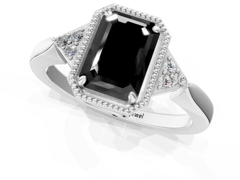 White gold Hexagonal Halo Fancy Black Emerald Cut Diamond Solitaire with Pavé Band and Four-Prong Setting_16