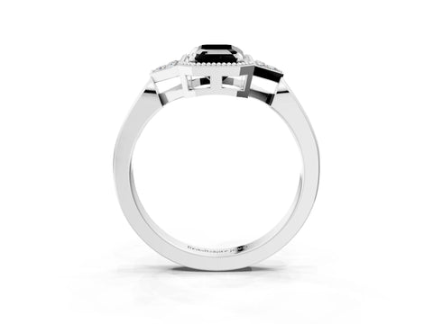 White gold Hexagonal Halo Fancy Black Emerald Cut Diamond Solitaire with Pavé Band and Four-Prong Setting_18