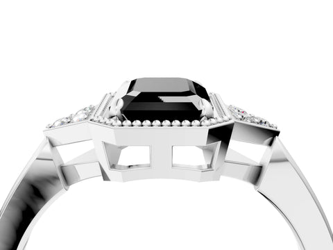 White gold Hexagonal Halo Fancy Black Emerald Cut Diamond Solitaire with Pavé Band and Four-Prong Setting_19