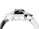 White gold Hexagonal Halo Fancy Black Emerald Cut Diamond Solitaire with Pavé Band and Four-Prong Setting_19