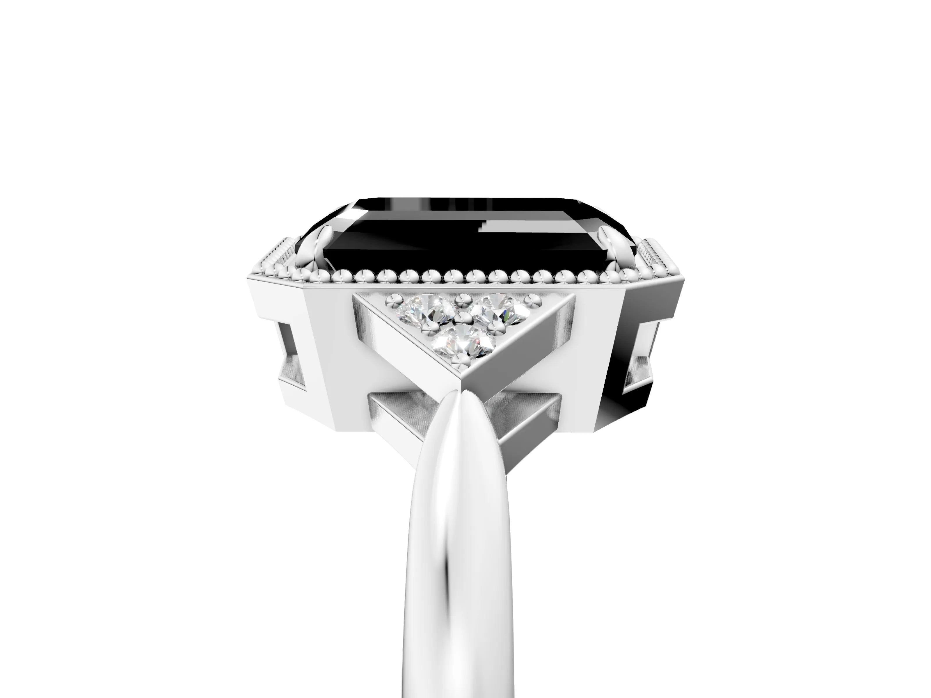 White gold Hexagonal Halo Fancy Black Emerald Cut Diamond Solitaire with Pavé Band and Four-Prong Setting_20