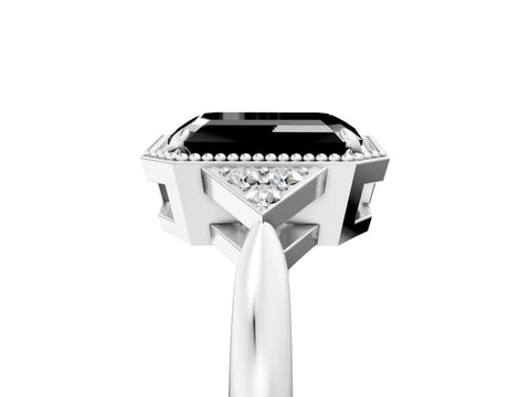 White gold Hexagonal Halo Fancy Black Emerald Cut Diamond Solitaire with Pavé Band and Four-Prong Setting_20