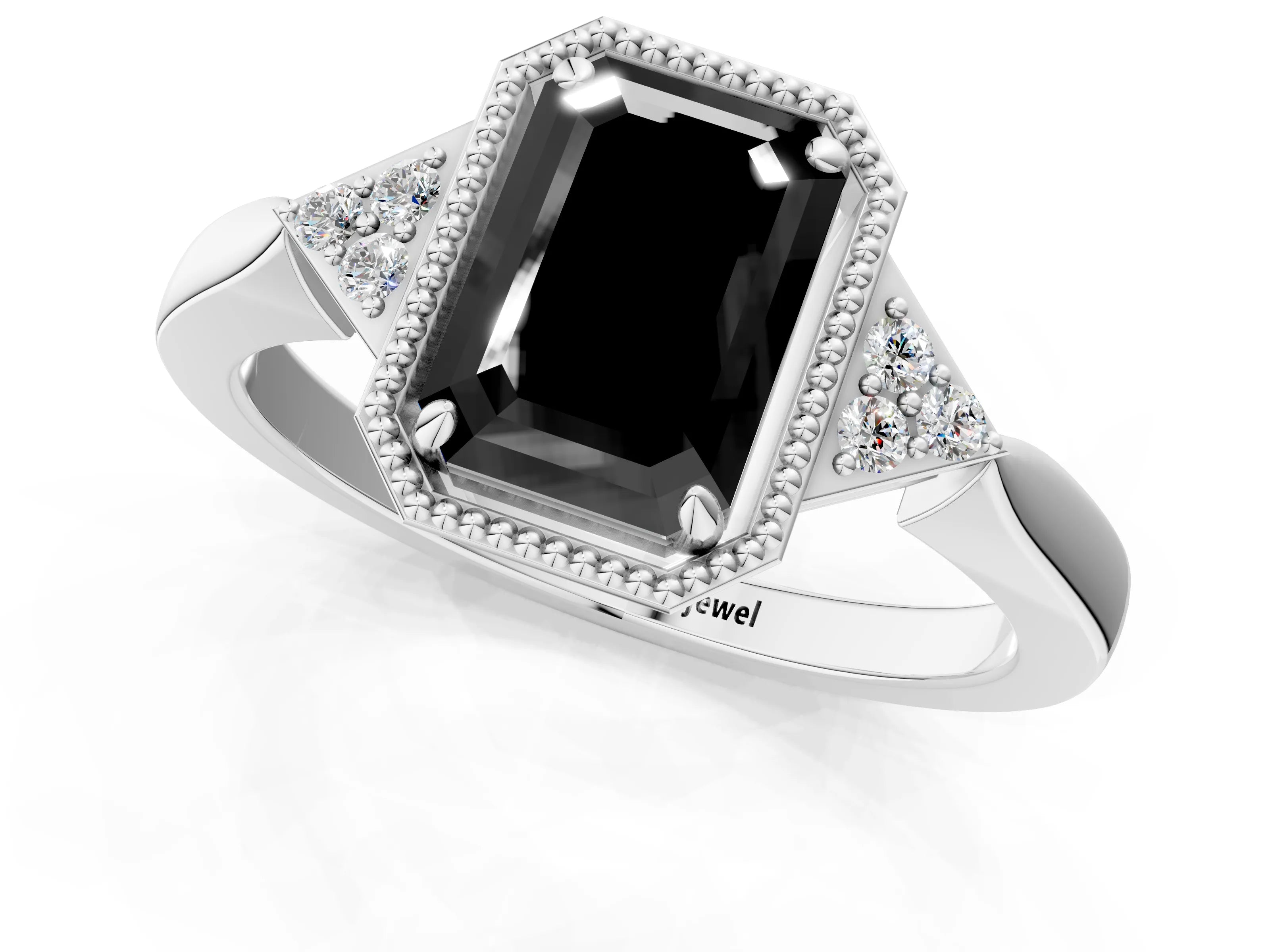 White gold Hexagonal Halo Fancy Black Emerald Cut Diamond Solitaire with Pavé Band and Four-Prong Setting_4