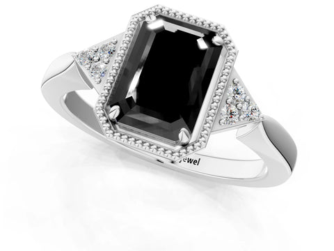 White gold Hexagonal Halo Fancy Black Emerald Cut Diamond Solitaire with Pavé Band and Four-Prong Setting_4