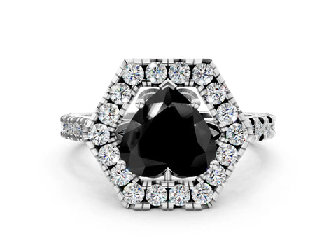 White gold Hexagonal Halo Fancy Black Heart Cut Diamond Pavé Band with Four-Prong Setting