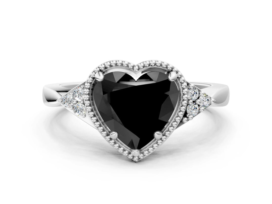 White gold Hexagonal Halo Fancy Black Heart Cut Diamond Solitaire with Pavé Band and Four-Prong Setting_15