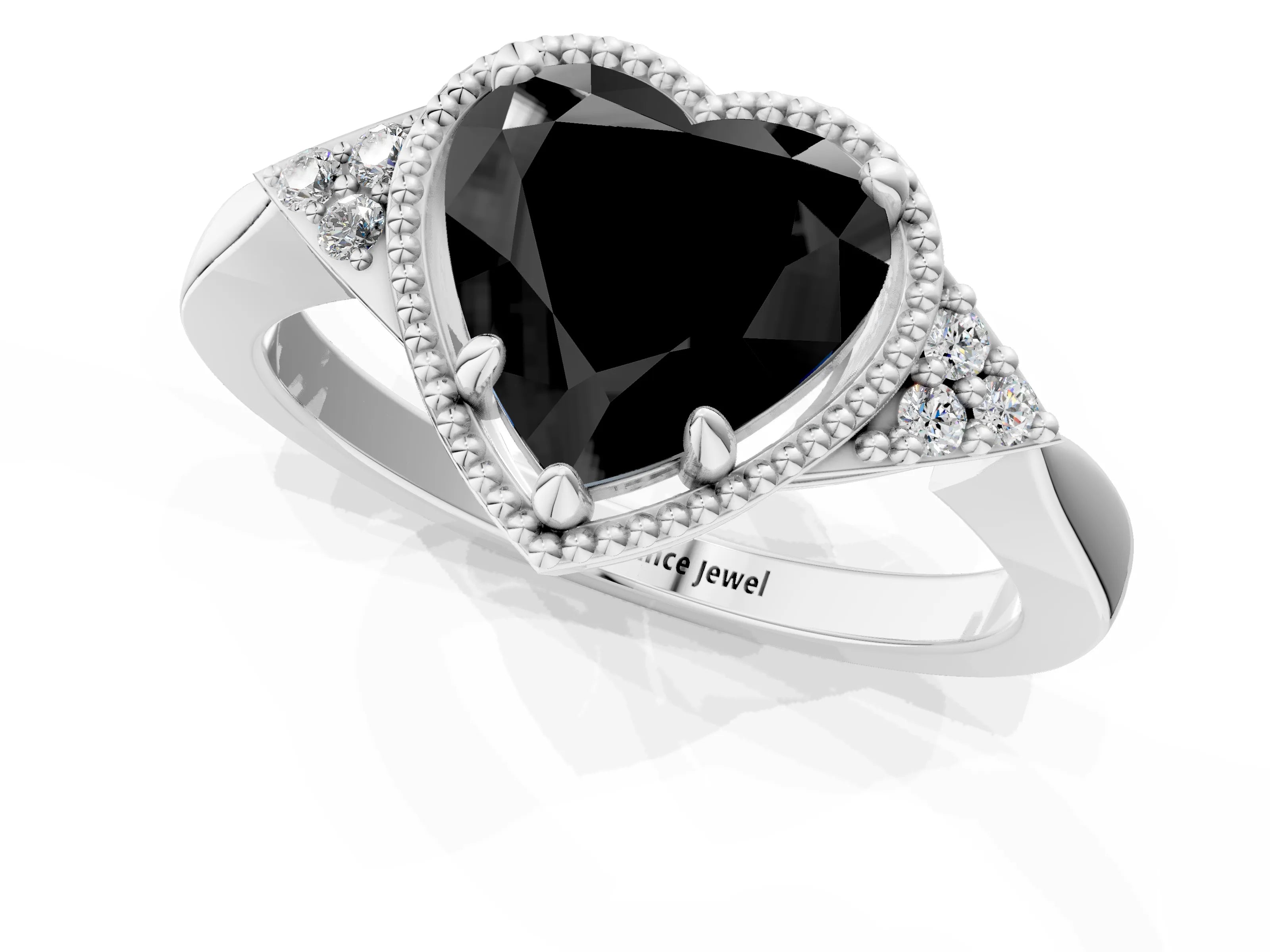 White gold Hexagonal Halo Fancy Black Heart Cut Diamond Solitaire with Pavé Band and Four-Prong Setting_16