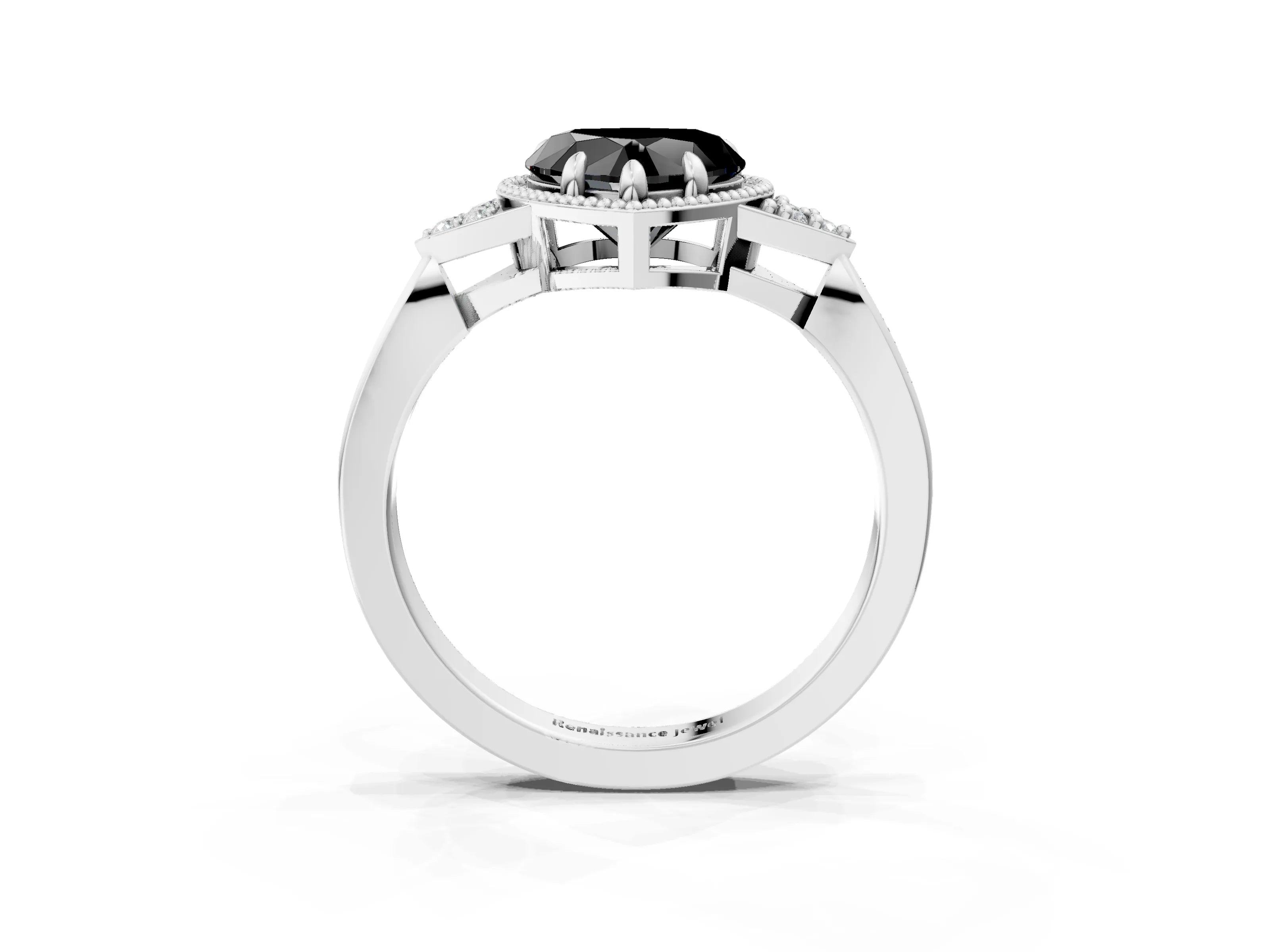 White gold Hexagonal Halo Fancy Black Heart Cut Diamond Solitaire with Pavé Band and Four-Prong Setting_18