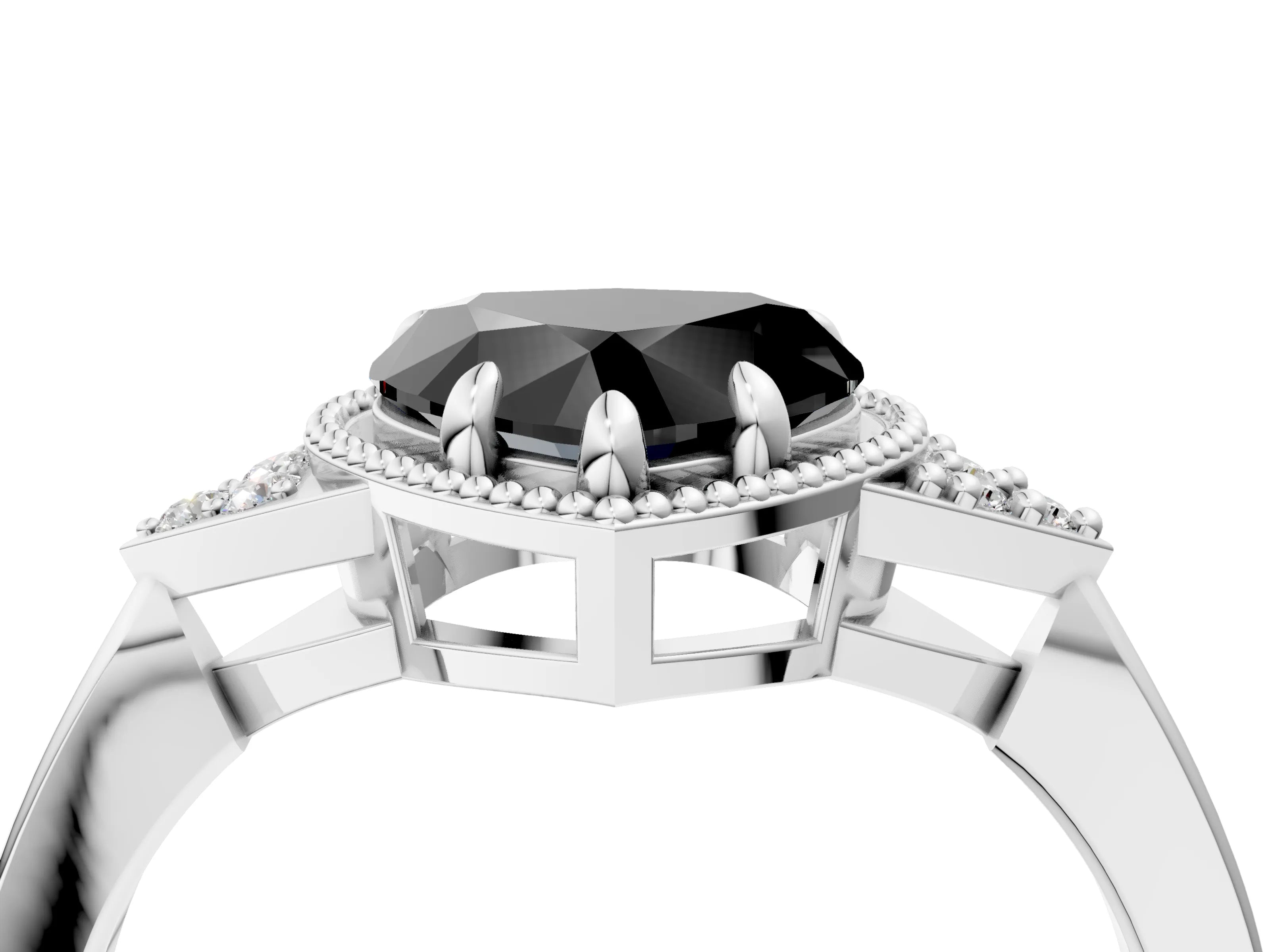 White gold Hexagonal Halo Fancy Black Heart Cut Diamond Solitaire with Pavé Band and Four-Prong Setting_19