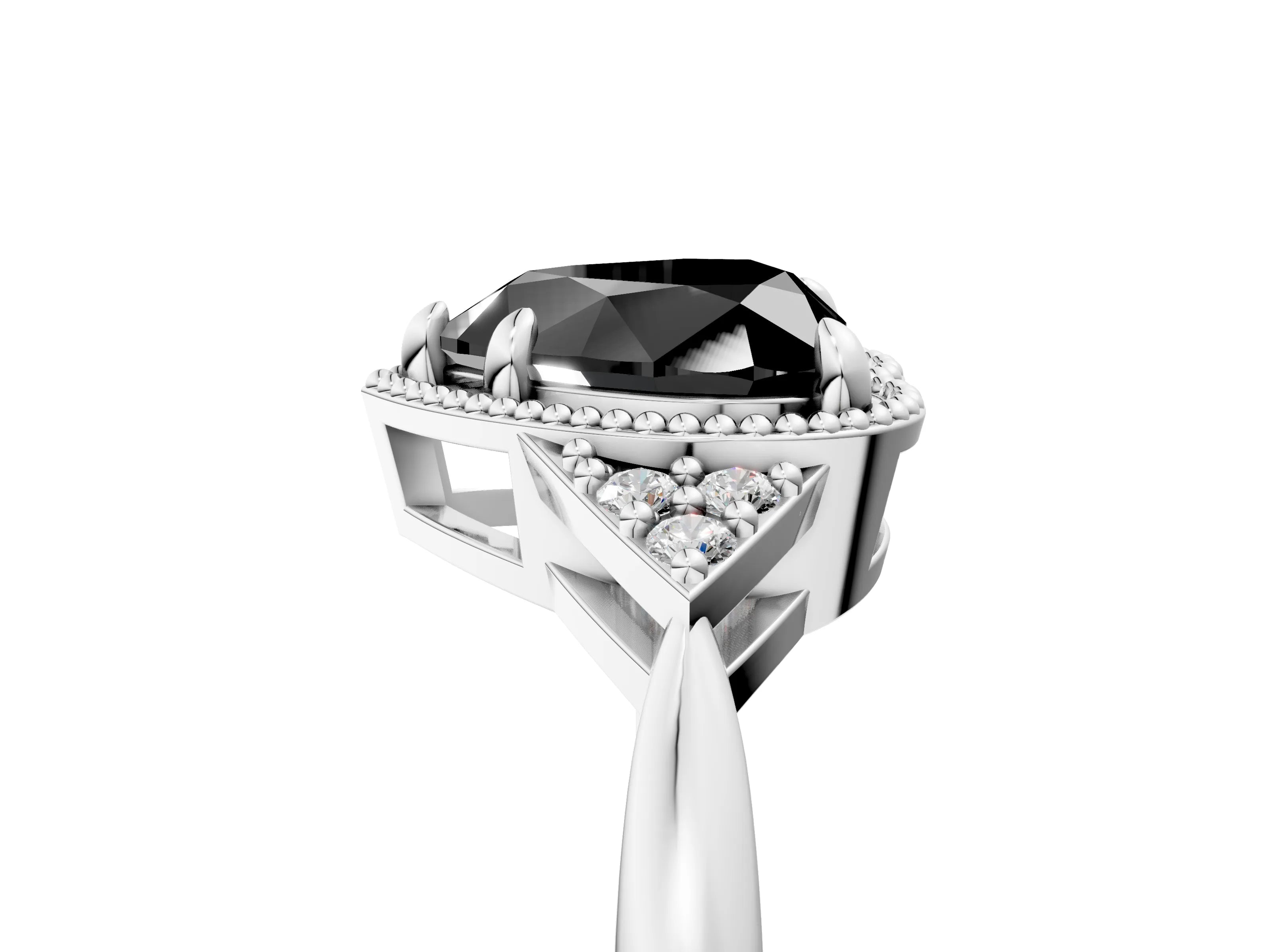 White gold Hexagonal Halo Fancy Black Heart Cut Diamond Solitaire with Pavé Band and Four-Prong Setting_20