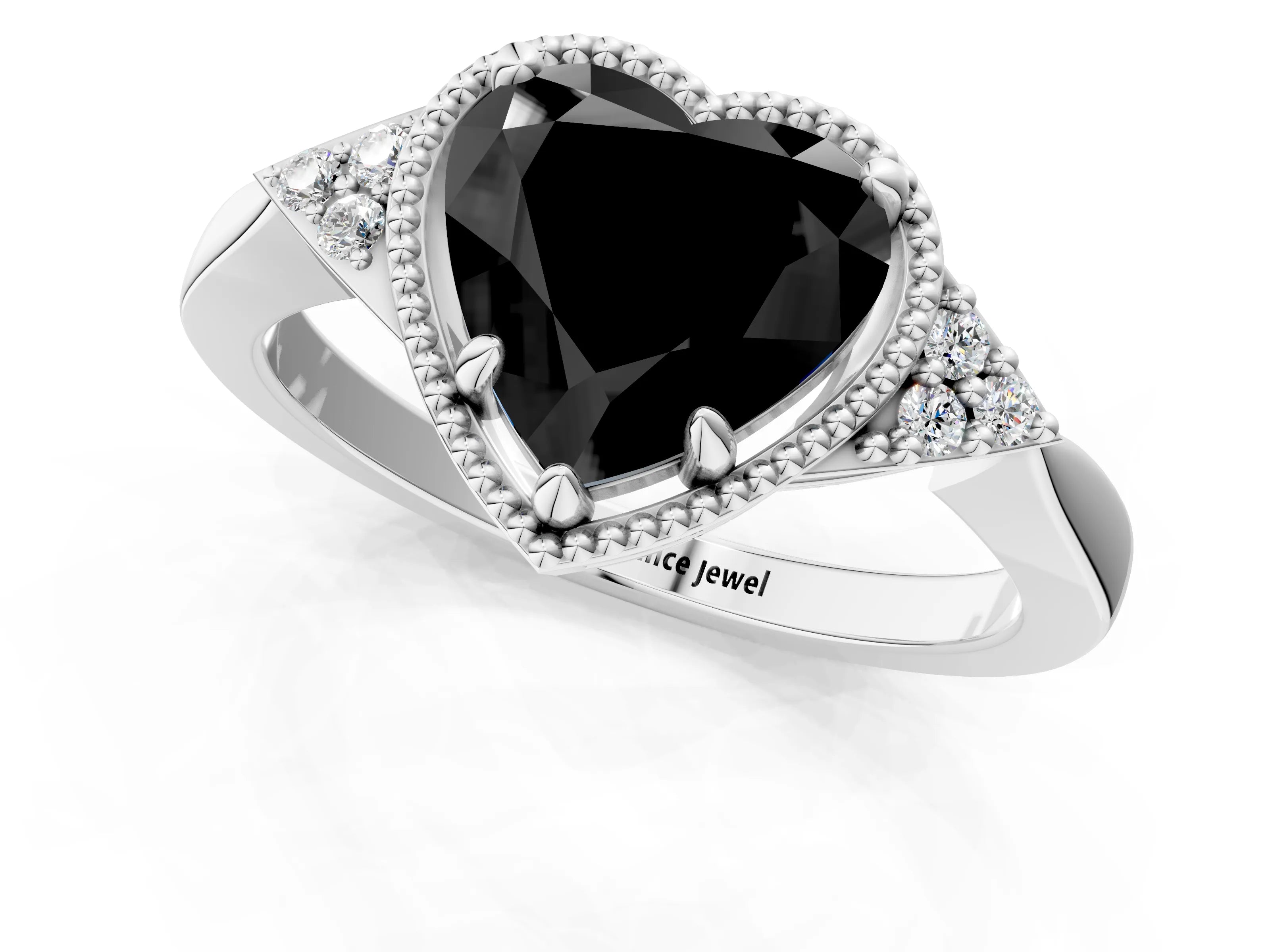 White gold Hexagonal Halo Fancy Black Heart Cut Diamond Solitaire with Pavé Band and Four-Prong Setting_4