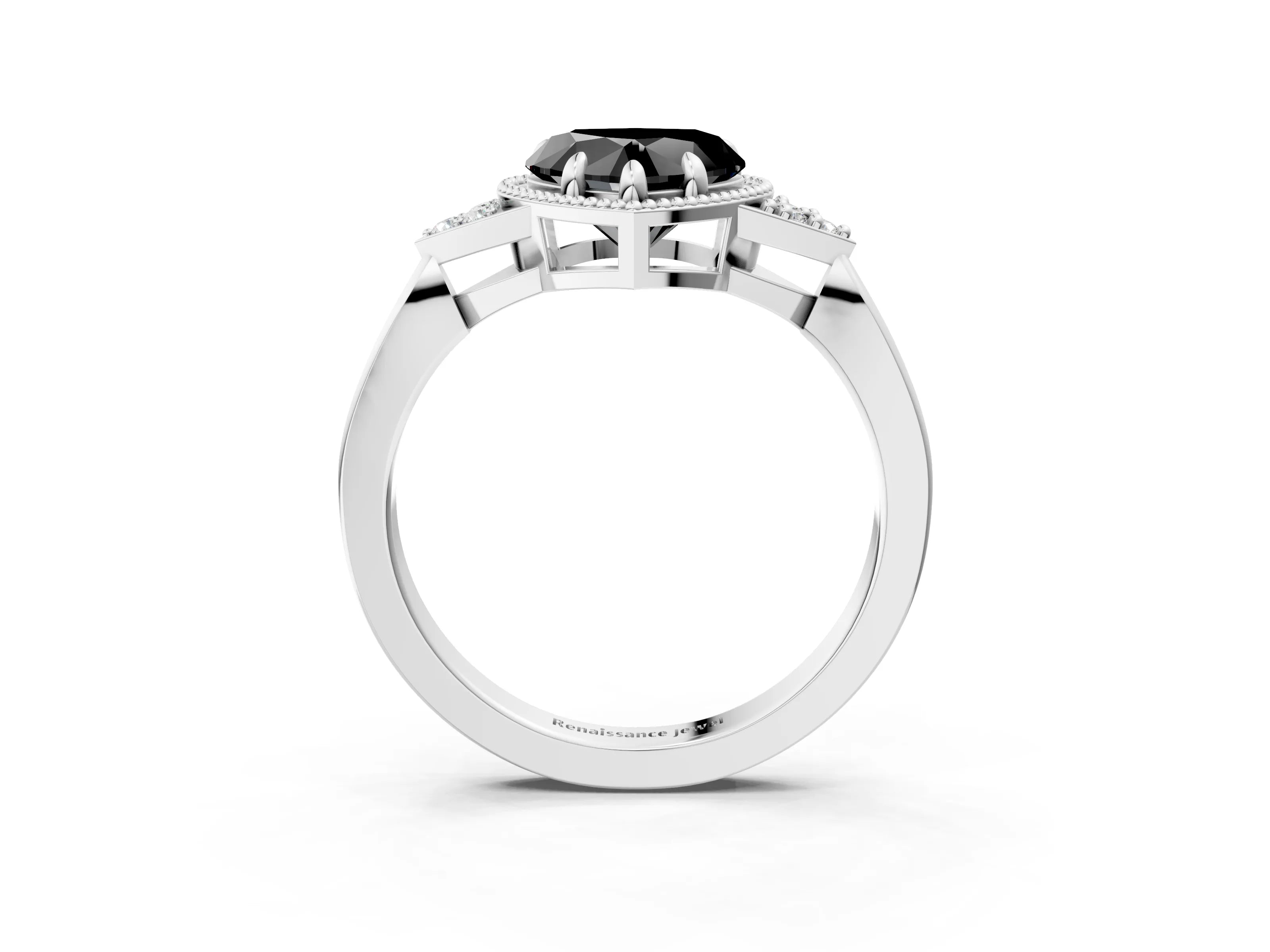 White gold Hexagonal Halo Fancy Black Heart Cut Diamond Solitaire with Pavé Band and Four-Prong Setting_6