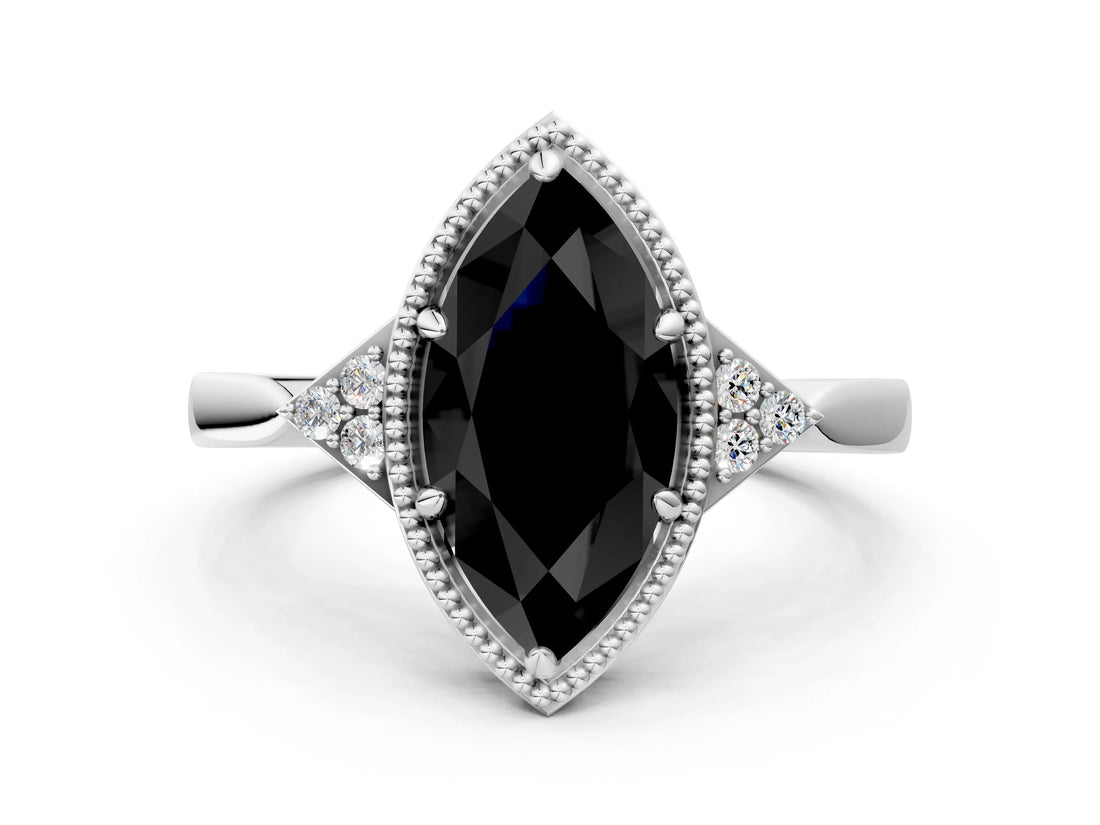 White gold Hexagonal Halo Fancy Black Marquise Cut Diamond Solitaire with Pavé Band and Four-Prong Setting_15