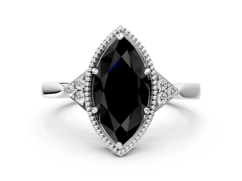 White gold Hexagonal Halo Fancy Black Marquise Cut Diamond Solitaire with Pavé Band and Four-Prong Setting_15