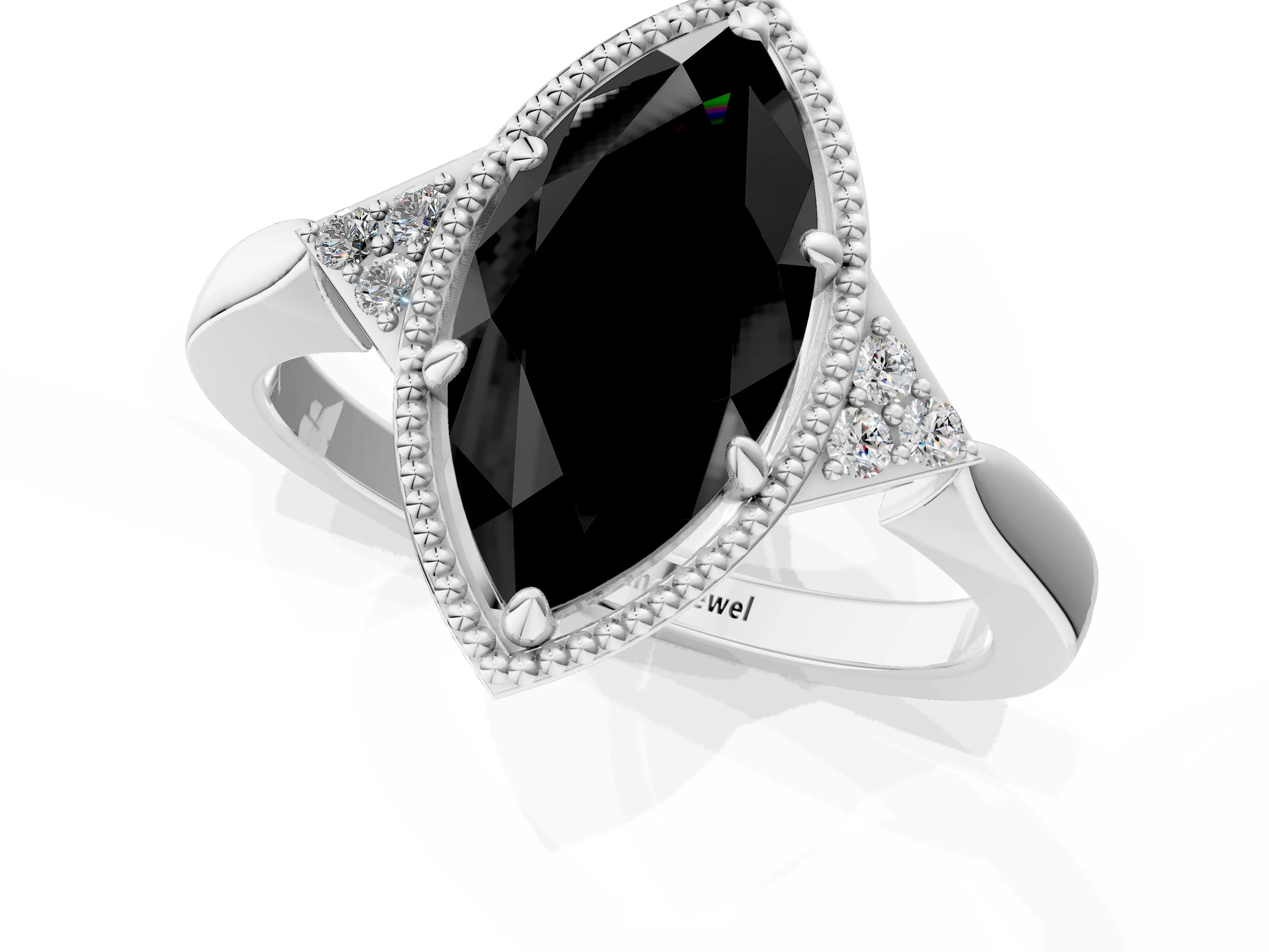 White gold Hexagonal Halo Fancy Black Marquise Cut Diamond Solitaire with Pavé Band and Four-Prong Setting_16