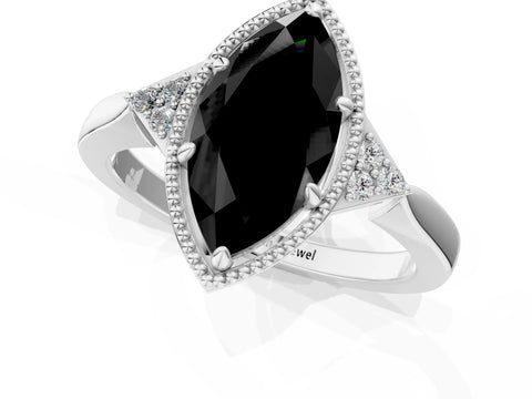 White gold Hexagonal Halo Fancy Black Marquise Cut Diamond Solitaire with Pavé Band and Four-Prong Setting_16