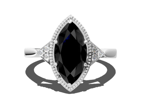 White gold Hexagonal Halo Fancy Black Marquise Cut Diamond Solitaire with Pavé Band and Four-Prong Setting_3