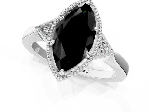 White gold Hexagonal Halo Fancy Black Marquise Cut Diamond Solitaire with Pavé Band and Four-Prong Setting_4