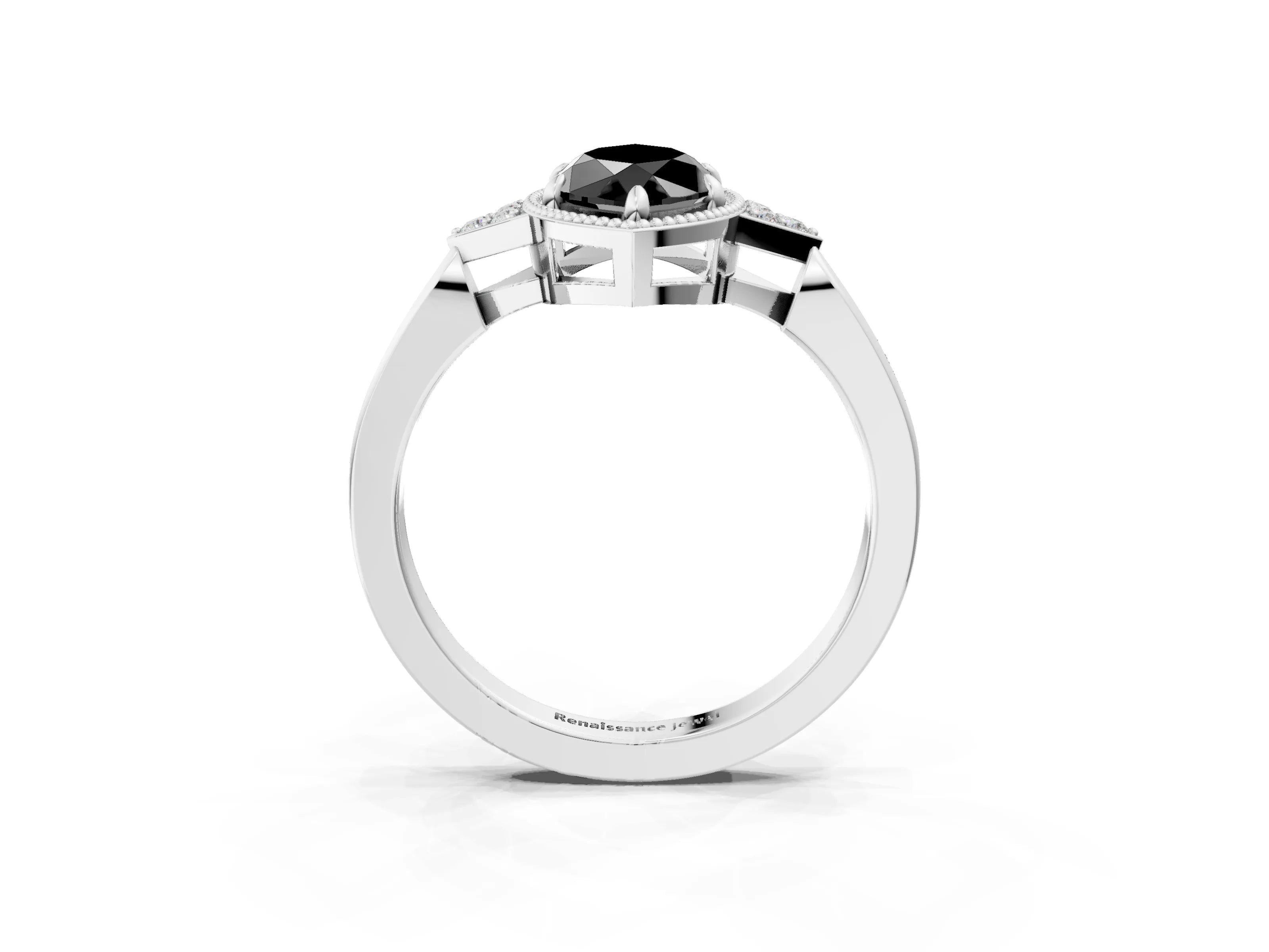 White gold Hexagonal Halo Fancy Black Marquise Cut Diamond Solitaire with Pavé Band and Four-Prong Setting_6