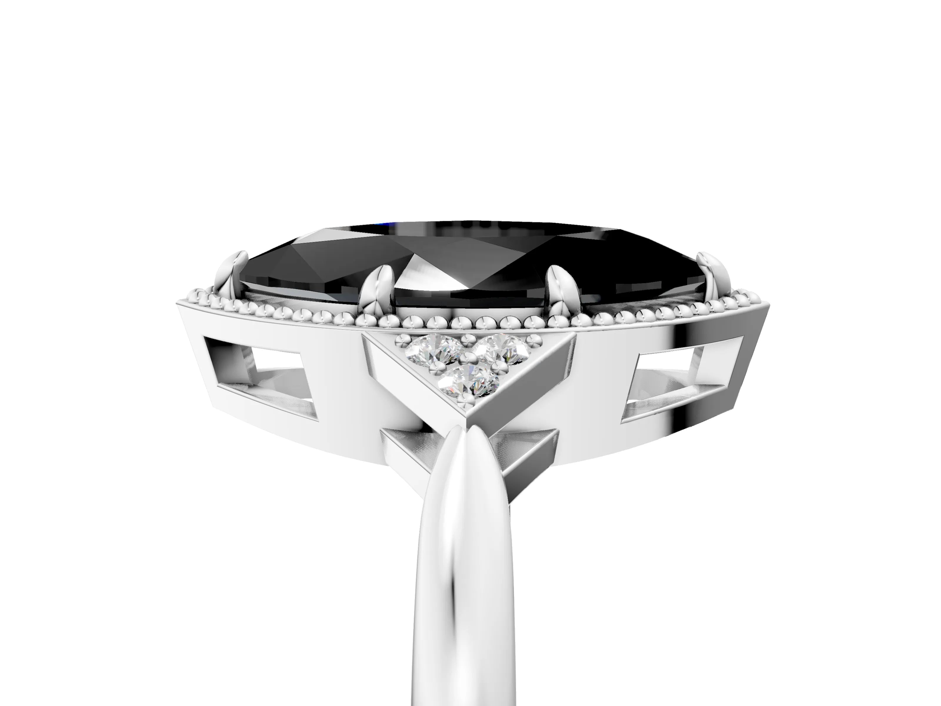 White gold Hexagonal Halo Fancy Black Marquise Cut Diamond Solitaire with Pavé Band and Four-Prong Setting_8