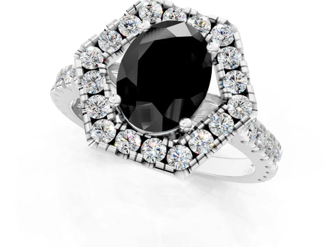 White gold Hexagonal Halo Fancy Black Oval Cut Diamond Pavé Band with Four-Prong Setting_1