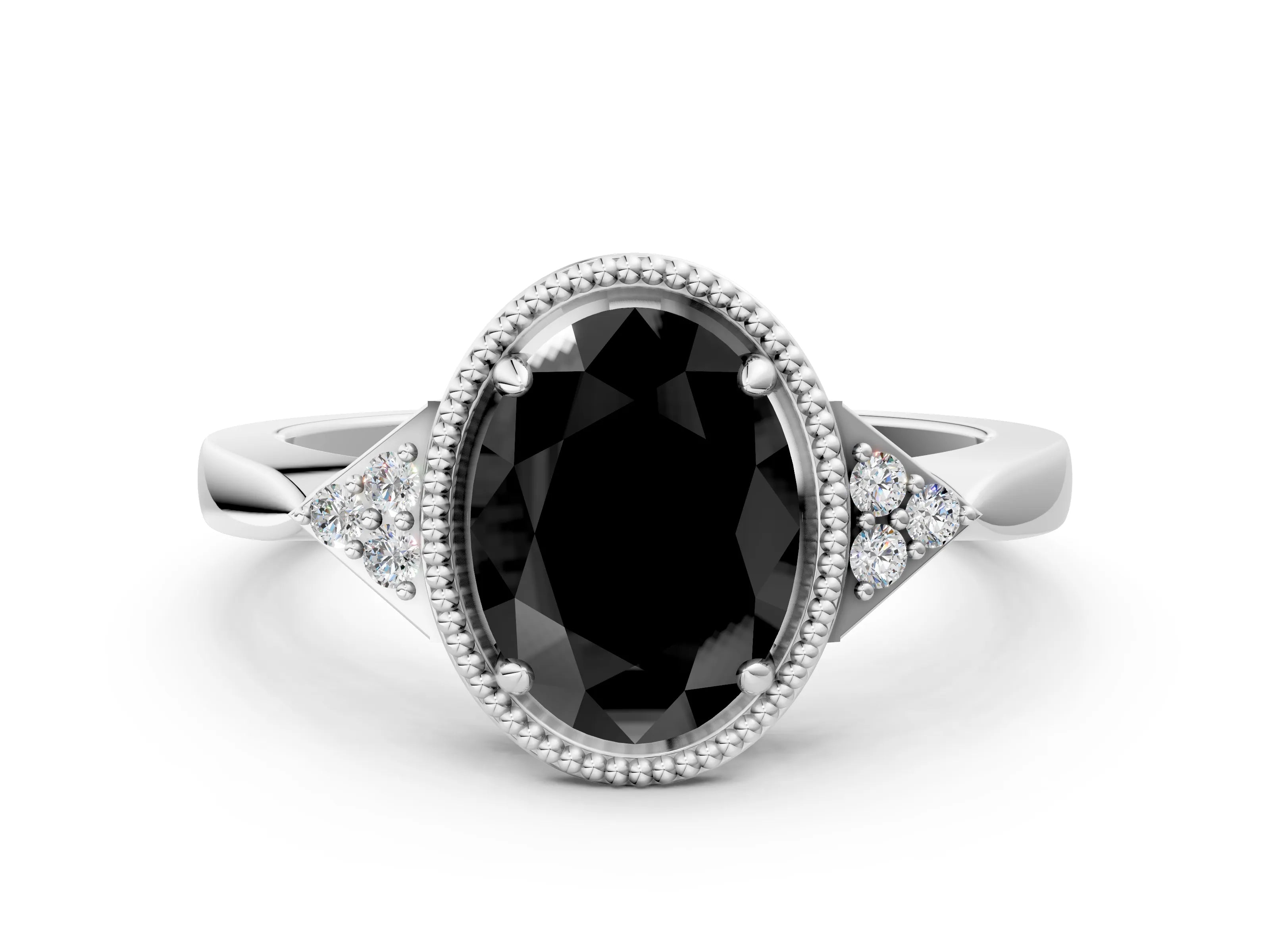 White gold Hexagonal Halo Fancy Black Oval Cut Diamond Solitaire with Pavé Band and Four-Prong Setting_15