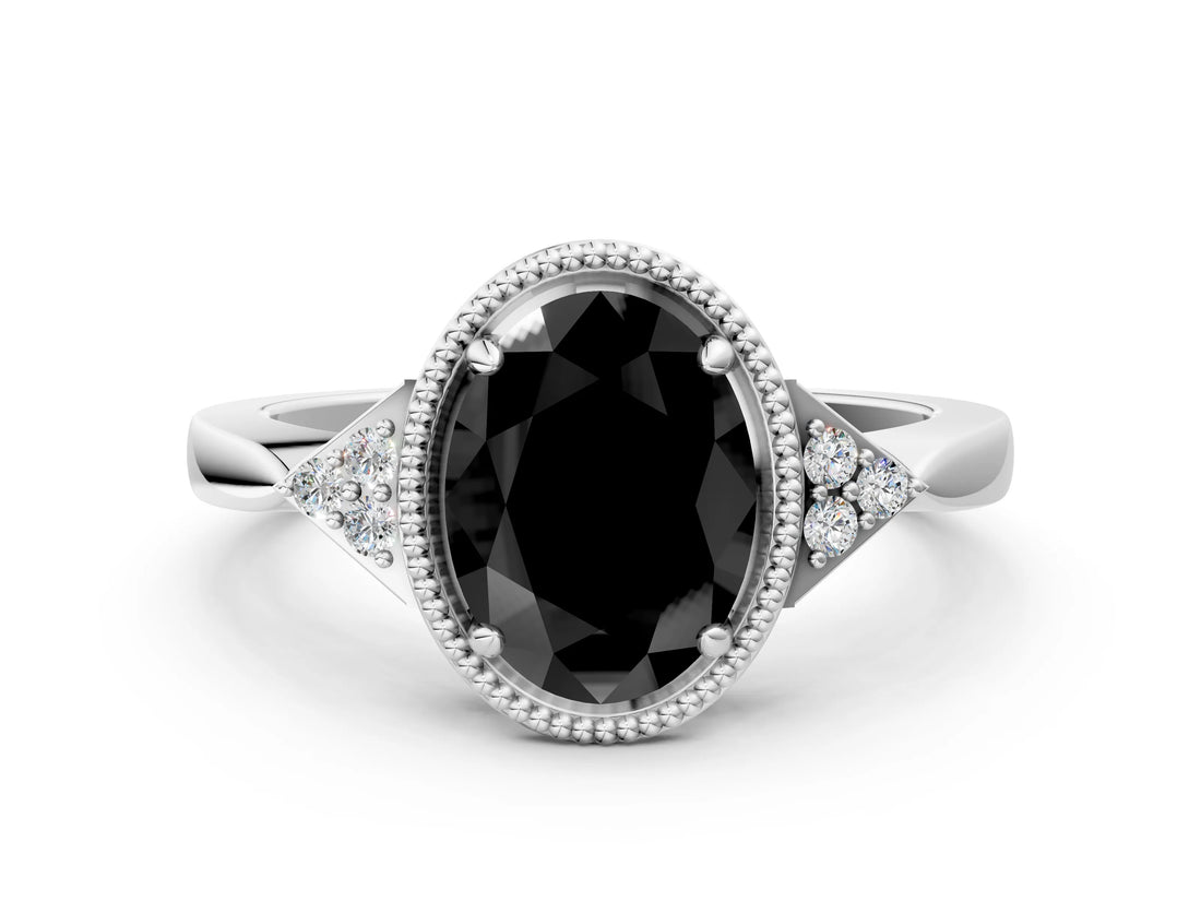 White gold Hexagonal Halo Fancy Black Oval Cut Diamond Solitaire with Pavé Band and Four-Prong Setting_15
