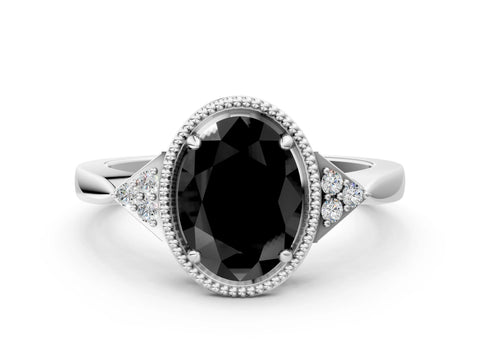 White gold Hexagonal Halo Fancy Black Oval Cut Diamond Solitaire with Pavé Band and Four-Prong Setting_15