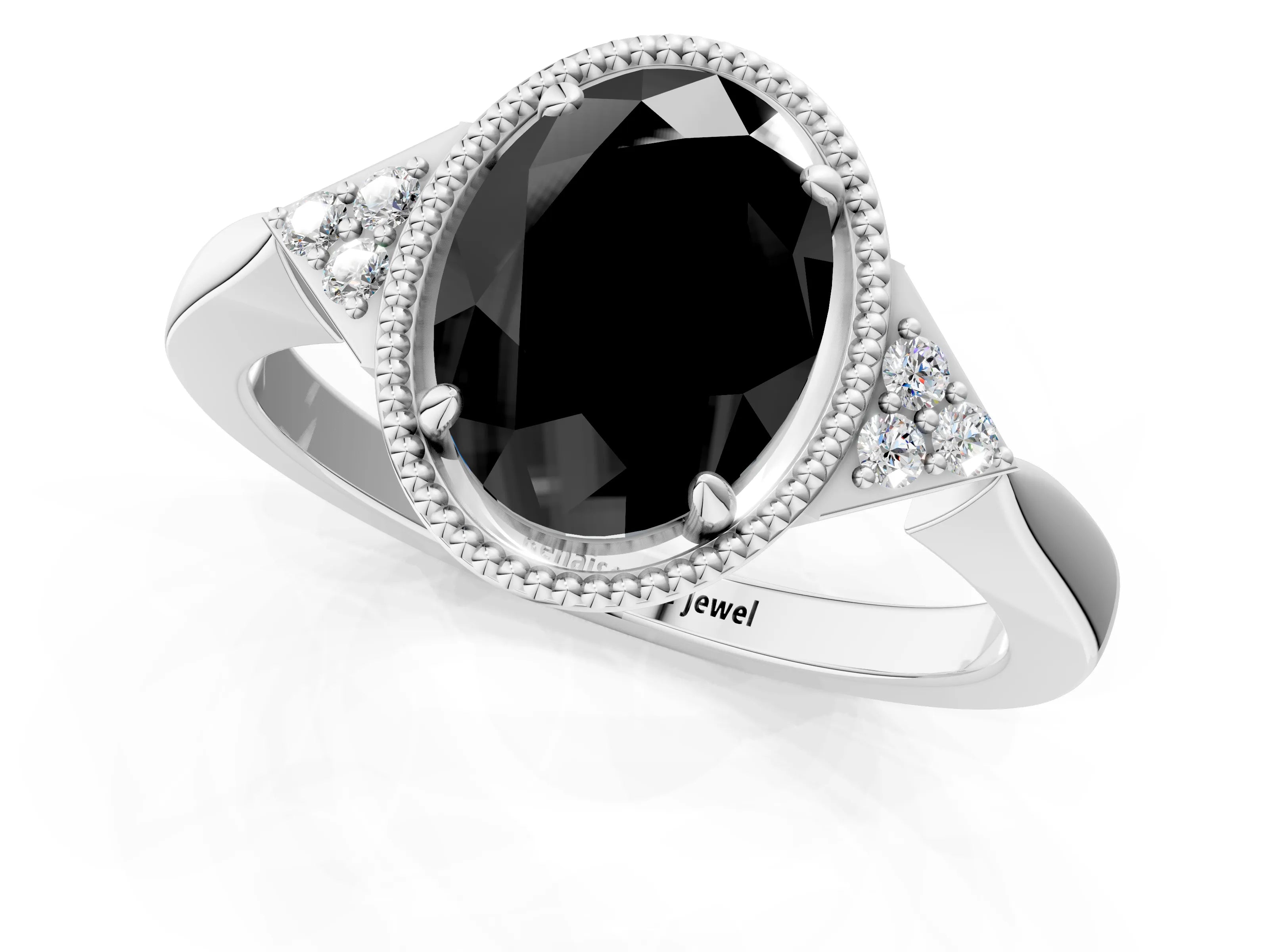 White gold Hexagonal Halo Fancy Black Oval Cut Diamond Solitaire with Pavé Band and Four-Prong Setting_16