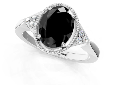 White gold Hexagonal Halo Fancy Black Oval Cut Diamond Solitaire with Pavé Band and Four-Prong Setting_16